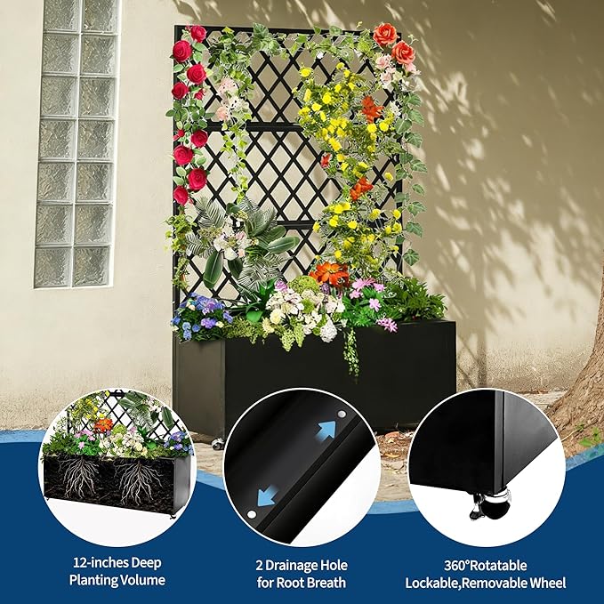 Galvanized Steel Raised Garden Bed with Trellis &amp Privacy Screen - 71 in x35 in x16 in Planter Box with Lockable Casters &amp Drainage Holes for Vines Vegetables On Patio Deck or Yard Black