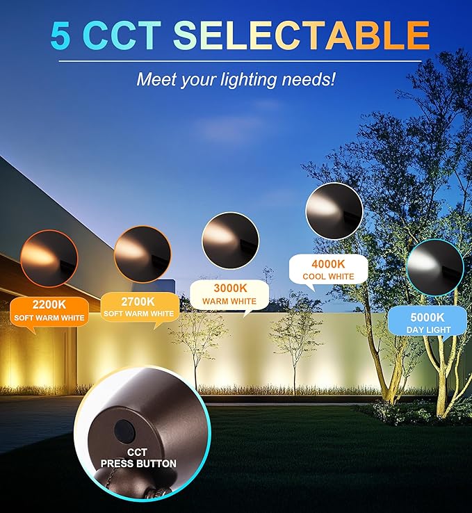 CLOUDY BAY 9W 5CCT LED Landscape Lighting Low Voltage (AC/DC 12V) Outdoor Spotlights with Spike StandWaterproof Pathway Lights2200K/2700K/3000K/4000K/5000K SelectablePack of 4Bronze