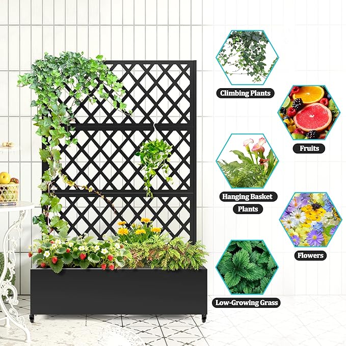 Metal Planter Box with Trellis Planter Box with Privacy Screen Privacy Trellis Outdoor for Climbing Plants with Drainage Holes Raised Garden Bed with Wheels