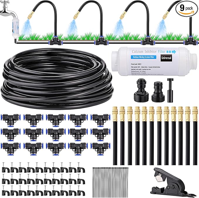 Mornajina Automatic Drip Irrigation Kits Garden Irrigation System Includes Calcium Inhibitor Filter &amp 66FT 5/16 inch Irrigation Tubing Hose &amp 20Pcs 360° Bending Dropper Atomizing Mist Nozzles