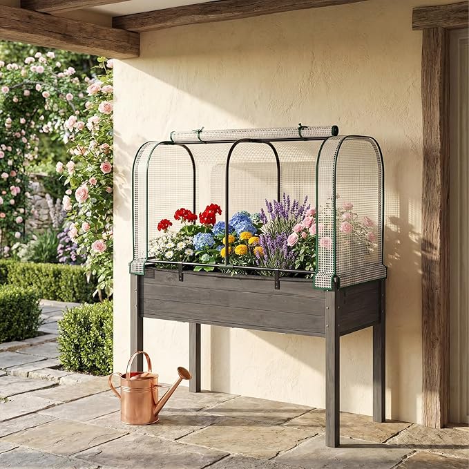 Giantex Raised Garden Bed with Cover Wood Elevated Planter Box with Legs &amp Mini Greenhouse Waterproof Sun-Protective PE Green House Cover Outdoor Use for Fruit Vegetable Flower Herb (White+Gray