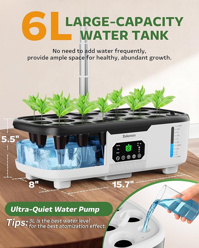 Misting Hydroponic Growing System Kit 15-Pods Indoor Smart Herb Garden Planter with LCD Touch Panel 6L Large Tank for Herb/Vegetables/Flowers/FruitsGardening Gifts for Women Men Beginners-White