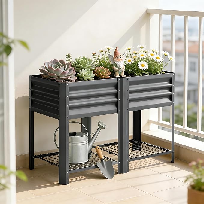 Elevated Outdoor Raised Garden Bed with Legs - 39.6-Gallon Galvanized Steel Planter Box for Patio Herbs Vegetables &amp Flowers - Ergonomic Height 33lb Storage Shelf (Dark Gray)