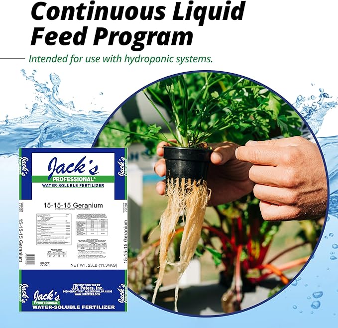 Jack's Professional 15-15-15 Geranium Water-Soluble Fertilizer with Micronutrients for Root Growth and Bud Set in Geraniums Grown in Continuous Liquid Feed Programs 25lbs