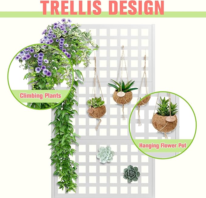 Metal Planter Box with Trellis Raised Garder Bed with Drainage Hole Outdoor Privacy Screen &amp Trellis for Climbing Plants Plant Stands 35''L×16''W×71''H White