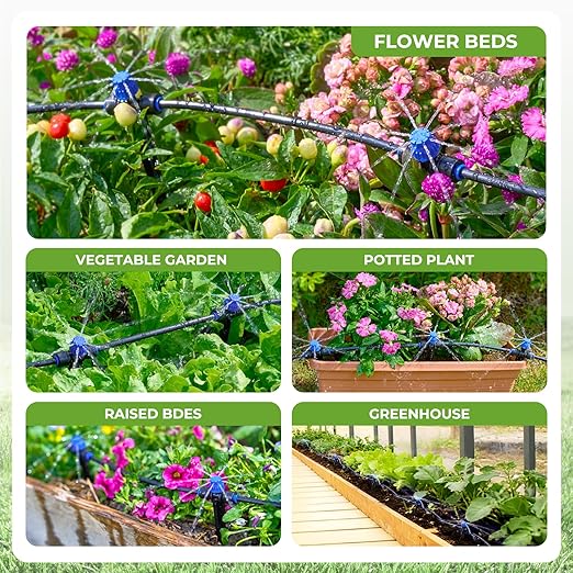 HIRALIY 50FT Garden Drip Irrigation Kit Automatic Watering System with 5-Way Connector Quick Connectors Adjustable Drippers Raised Bed Patio