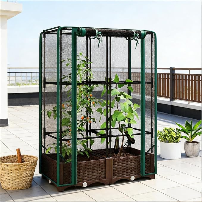Organic Gardening Raised Bed with Enclosed Plant Cage Grow Healthier Vegetables Without Chemicals - Ventilated Crop Cage Protects Tomatoes Berries &amp Greens from Birds and Insects Naturally (Gree