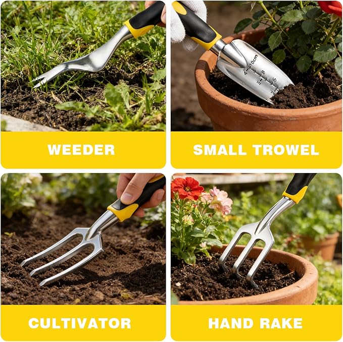 Garden Tools Ergonomic Gardening Tools Gardening Hand Tools Aluminum Alloy Material 7-piece an Ideal Gardening Gift for Women Men and Parents Yellow