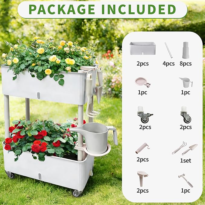 MNKXL Self-Watering Raised Planter Box with Lockable Wheels2-Tier Elevated Garden Bed with Visible Water Level WindowIndoor Outdoor Plastic Plant Box for FlowersVegetables &amp Herbs