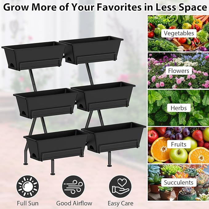Sunexinlo 3-Tier Vertical Garden Planter with 6 Boxes 31 Tall Raised Garden Bed with Adjustable Feet for Herbs Flowers Vegetables Ideal for Indoor Outdoor Patio Balcony Deck Use Black
