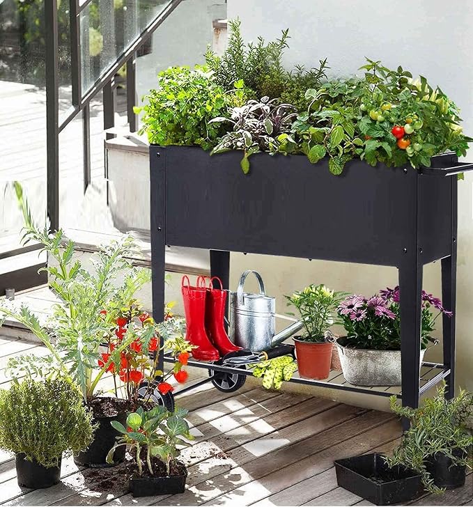 48.5*24.5*35.4in Raised Garden Bed Raised Planter Box with Legs Outdoor Elevated Garden Bed On Wheels for Vegetables Flower Herb Patio （Black）