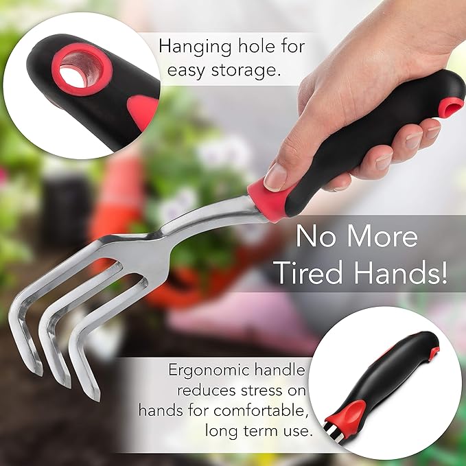 Hand Tools Set of 3 Heavy Duty Cast Aluminum Garden Tools with Ergonomic Handles Kit Includes 2 Trowels 1 Cultivator Hand Rake (3 Piece) Small Shovels for Gardening