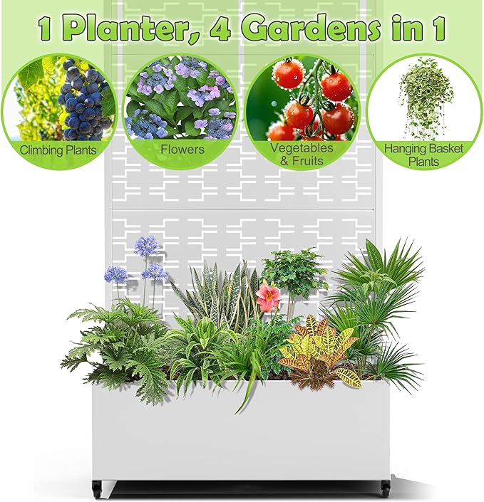 15.7×70.9×35.4 Metal Raised Garden Bed with Trellis and Wheels - Tall Trellis Planter Box for Climbing Plants Vegetables &amp Vines - Outdoor Privacy Planters for Patio (White-Brick)