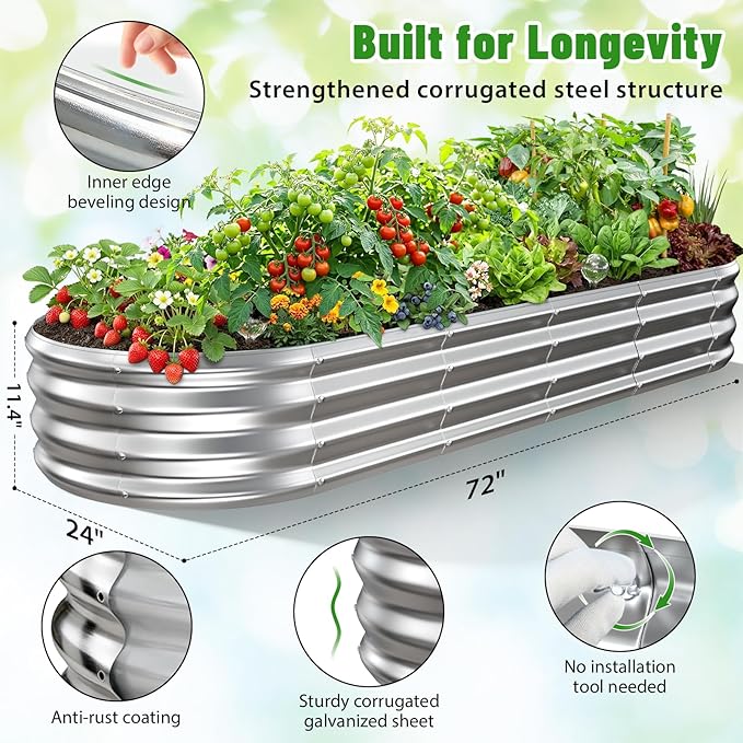 Oval Raised Garden Bed 5 x 2 x 1FT Galvanized Steel Planter Box with Wave-Shaped Metal Panels for Outdoor FlowerTreeHerb &amp Vegetable Garden (Silver 72X24X12 inches)