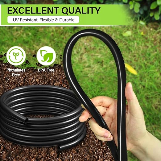 Bonviee 50FT 5/16 Drip Irrigation Tubing and 4 Packs 4-Way Quick Coupler Push-to-Connect Fittings- DIY Garden Irrigation System Misting or Blank Distribution Tubing for Any Gardening Project