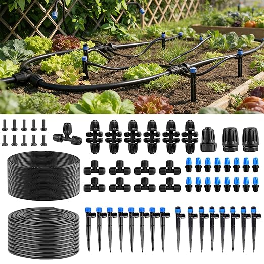 Garden Drip Irrigation System - 230FT Quick-Connect Automatic Watering Misting System Kit with 1/2 &amp 1/4 Tubing Adjustable Spray Nozzles &amp Sprinklers for Lawn Plant Bed Greenhouse DIY Ir