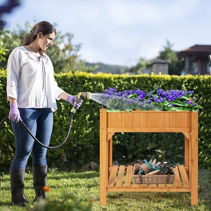 HAPPYGRILL 8-Grid Raised Garden Bed 36” Elevated Wood Planter Box with Liner &amp Shelf Removable Divider Drainage Holes Outdoor Gardening Bed with Legs for Backyard Patio
