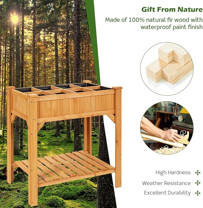 HAPPYGRILL 8-Grid Raised Garden Bed 36” Elevated Wood Planter Box with Liner &amp Shelf Removable Divider Drainage Holes Outdoor Gardening Bed with Legs for Backyard Patio