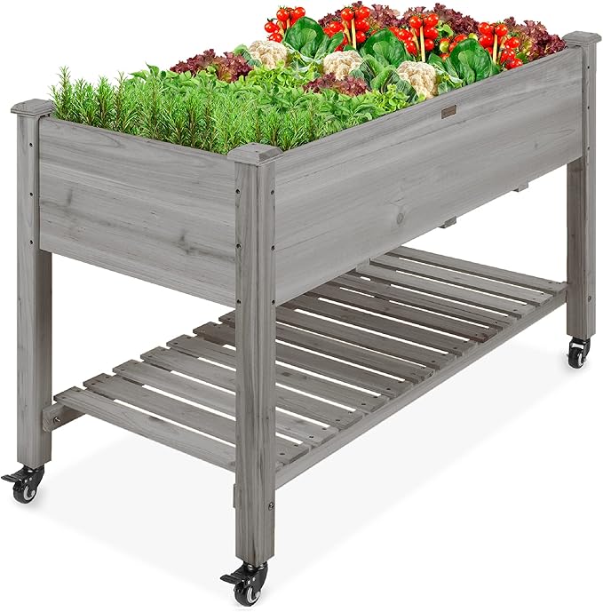 Best Choice Products Raised Garden Bed 48x24x32-inch Mobile Elevated Wood Planter w/Lockable Wheels Storage Shelf Protective Liner - Gray