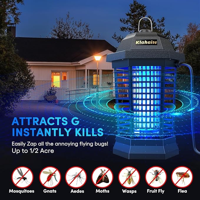 Klahaite Bug Zapper Outdoor Electric Mosquito Zapper Fly Zapper Indoor Fly Traps Mosquito Repellent Outdoor Patio and Backyard Covers 1/2 Acre 3 Prong Plug 4200V ABS Fireproof Plastic Outer