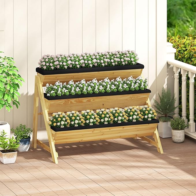 HOMGX 3-Tier Vertical Garden Bed Wooden Tiered Planter Raised Bed with Legs &amp Storage Shelf for Flowers Herbs Vegetables Freestanding Outdoor Plant Box Stand for Patio Balcony