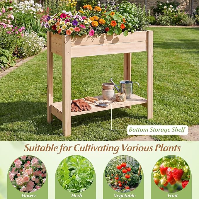 Giantex Wood Raised Garden Bed w/Lower Shelf Planter Box with Legs for Flower Herb Vegetable Fruit Indoor Outdoor Elevated Raised Beds for Gardening Backyard Patio Balcony