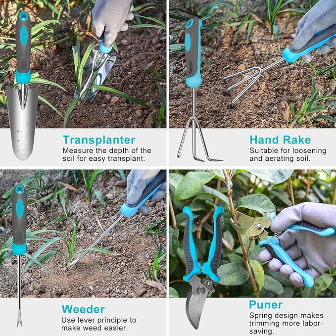 Gardening Tools Carsolt 10 Piece Heavy Duty Stainless Steel Garden Tools Set with Ergonomic Rubber Handle. Variety of Gardening Hand Tools with Gift Box Ideal Garden Gifts for Women