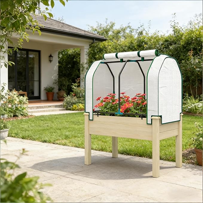 Raised Garden Bed with Legs &amp Retractable Cover 46.9 Tall Planter Box with Non-Woven Fabric Elevated for Vegetables Herbs Flowers Outdoor Patio Balcony 88 LB Capacity (Natural Wood)