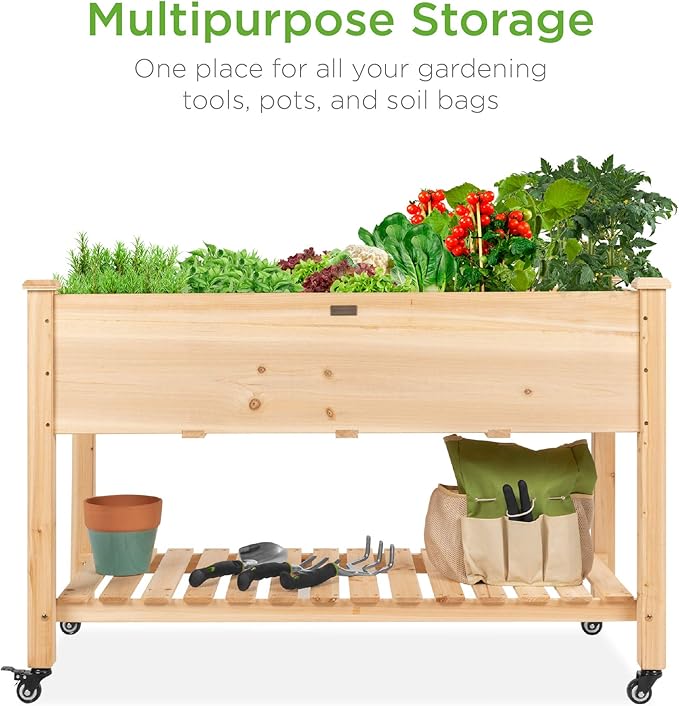 Best Choice Products Raised Garden Bed 48x24x32-inch Mobile Elevated Wood Planter w/Lockable Wheels Storage Shelf Protective Liner - Natural