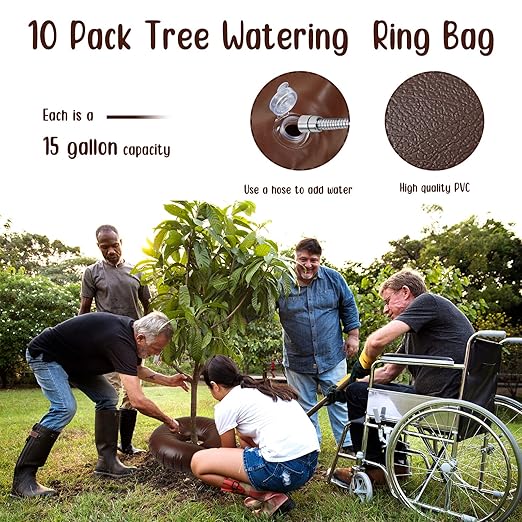 Nuogo 10 Pcs Tree Watering Bag 15 Gallon Slow Release Watering Ring PVC Planting Water Bag for Trees and Shrub Automatic Tree Watering System Drip Irrigation Ring Brown 35.4 x 35.4 Inch
