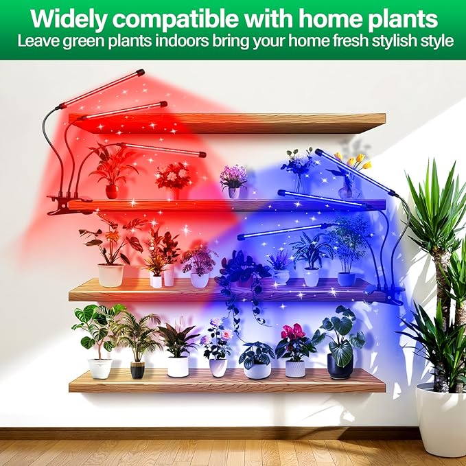 SKYWORLD LED Grow Light 60 LEDs Full Spectrum Clip Plant Growing Lamp for Indoor Plants Flexible Gooseneck Auto On Off Timing 3/9/12H 10 Dimmable Levels 3 Tubes Red &amp Blue