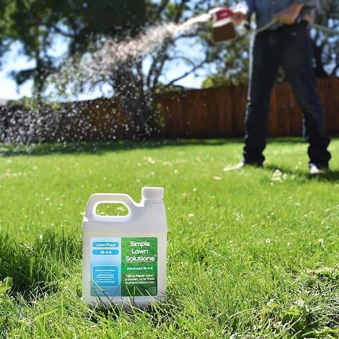 Advanced 16-4-8 Lawn Fertilizer - Liquid Lawn Food Spring &amp Summer Concentrated Spray - Any Grass Type- Fish and Seaweed Kelp- Balanced NPK - Simple Lawn Solutions (1 Quart)