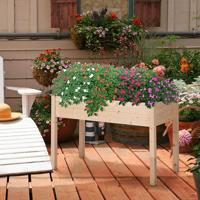 Outsunny Raised Garden Bed with Legs 48 x 22 x 30 Elevated Wooden Planter Box Self-Draining with Bed Liner for Vegetables Herbs and Flowers Backyard Patio Balcony Use Natural