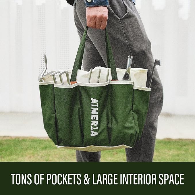 Aimerla Gardening Tools Set of 9 Heavy Duty Garden Tools with Non-Slip Rubber Grip with Large Garden Bag for Tools Durable Hand Tools for Gardening WeedingGardening Gifts for WomenMen (Dark Green)