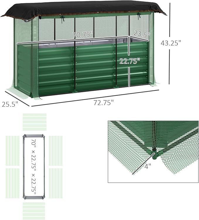 Open Bottom Raised Garden BedGalvanized Steel Planter BoxCrop Cage and Shade Cloth with Raised Garden Bed