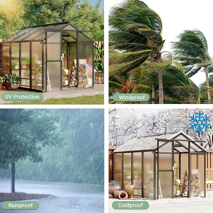 6X8 ft Greenhouse Greenhouses for Outside Aluminum Frame Polycarbonate Panels with Sliding Lockable Door and Ajustable Roof Vent Spacious Walk-in Design for Backyard Garden Patio Black