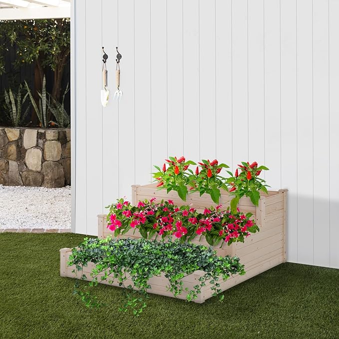 Wooden Garden Bed Raised Garden Bed Elevated Wood Planter Box Stand Patio Planter Grown Box for Backyard Patio Balcony w/Bed Liner OutdoorNatural
