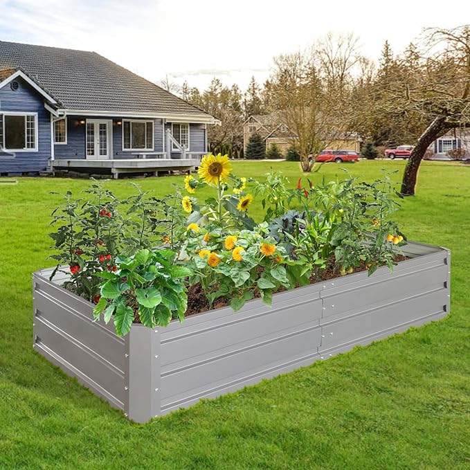 6 x 3 x 1 ft Metal Raised Garden Bed Durable Planter Boxes Outdoor Raised Flower Bed for Vegetables Herbs Flowers Easy to Assemble Spacious Raised Beds for Gardening (Grey)