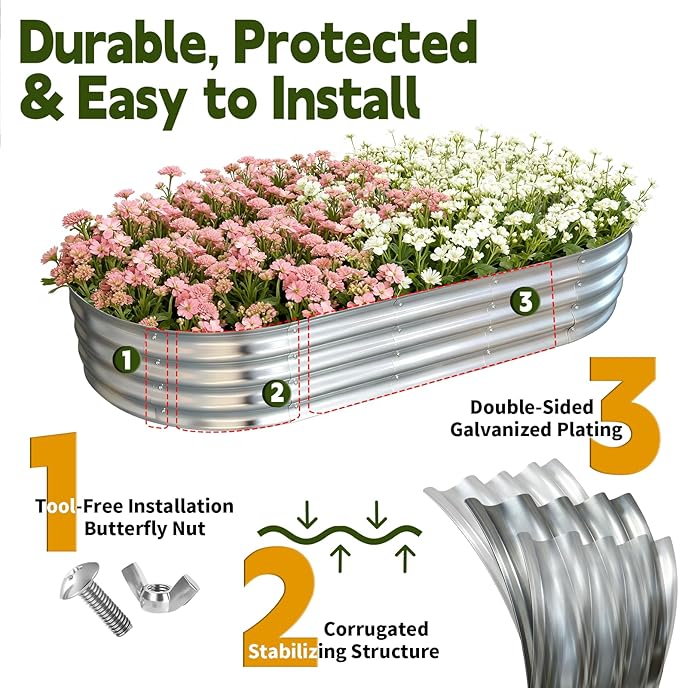 Galvanized Raised Garden Bed Outdoor Large Raised Bed for Gardening 2Pcs 6x3x1ft Oval Metal Planter Box for Vegetables Fruits Flowers Silver