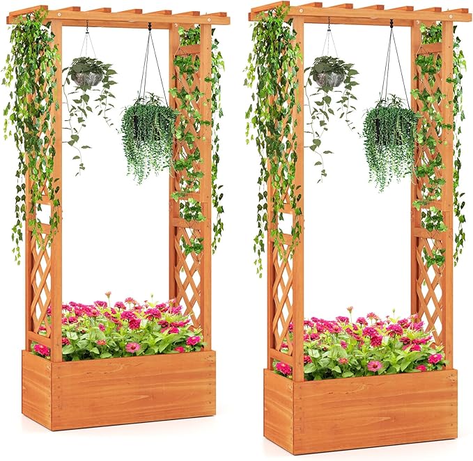 IRONMAX Raised Garden Bed with Trellis &amp Hanging Roof Fir Wood Planter Box for Vegetables Flower Climbing Plants Outdoor Garden Planter w/Drainage Holes for Backyard (2 31” x 14” x 60”)