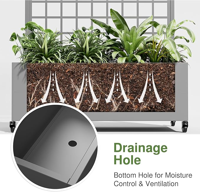Casaphoria Metal Raised Garden Bed with Trellis and Wheels 72x35x16 Planter Box for Climbing Plants Vegetables &amp Vines Features Drainage Holes and Privacy Screen (Gray-Grid)