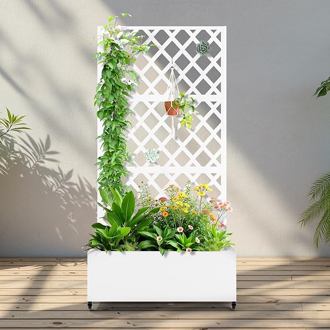 Metal Raised Garden Bed with Trellis and Wheels 2 in 1 Trellis with Planter Box &amp Privacy Screen for Climbing Plants Outdoor Standing Flower Beds with Drainage Holes 35.4L x 15.7W x 70.9H W