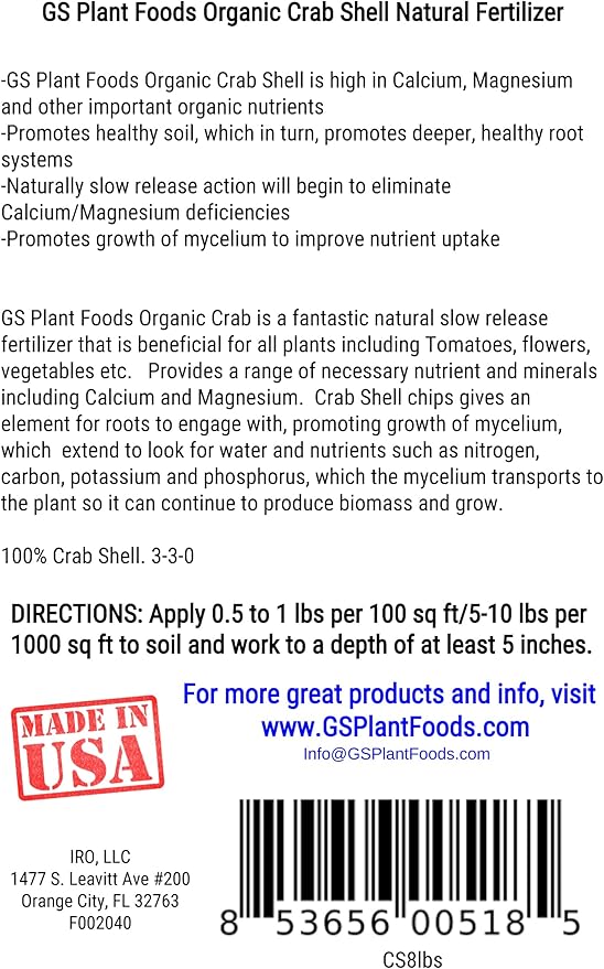 GS Plant Foods Crab Shell Natural Fertilizer Magnesium &amp Calcium Slow Release Micronutrients for Plants Tomatoes Flowers &amp Vegetables 3-3-0 8 pounds