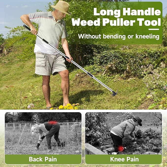 60 Weed Puller Tool with Long Handle and 17 Weeding Tools Gardening Set Dual Side Hand Weed Rake and Hoe Garden Weeder Uprooting Weed Pulling Remover Tool for Yard Patio Lawn and Garden Planting