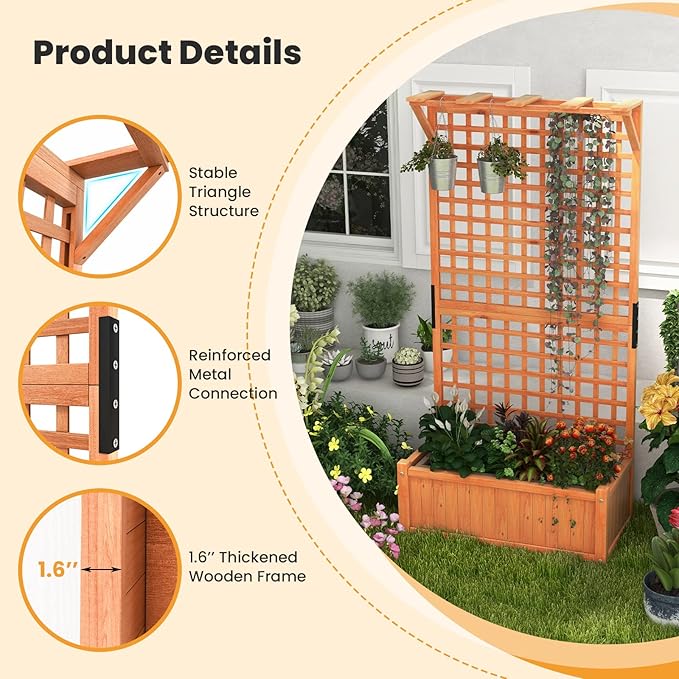 Giantex 2 Pcs Raised Garden Bed with Trellis &amp Roof 72.5 Wooden Garden Bed High Trellis for Plant Flower Climbing Pot Hanging Indoor &amp Outdoor Planter Box for Yard Garden Balcony