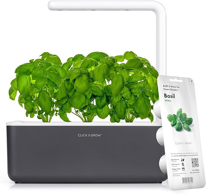 Click &amp Grow Indoor Herb Garden Kit with Grow Light | Smart Garden for Home Kitchen Windowsill | Easier Than Hydroponics Growing System | Vegetable Gardening Starter (3 Basil Pods Included) Grey