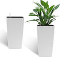 IndoorOutdoor Faux Rattan Square Planter 22.6 inch White Plastic Large Planter with Automatic Watering System for Home and G(White 22.6 inch 2 Pack)