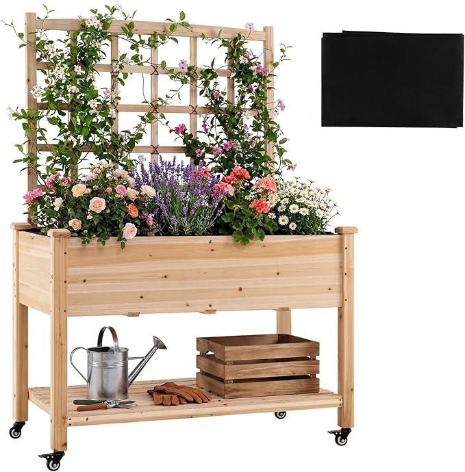 Giantex 65'' Wooden Raised Garden Bed w/Trellis on Wheels Mobile Elevated Planter Box w/Legs Liner &amp Drainage Holes for Climbing Plant Vegetable Herb Flower Outdoor Garden Box Backyard Balcony