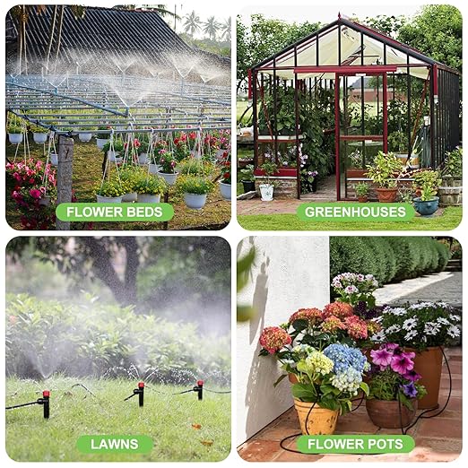 230FT Drip Irrigation System for Garden with 40 Nozzles &amp Emitters Garden Watering System with 1/2 &amp 1/4 Tube and Barbed Fittings - Adjustable Sprinklers Kit for Greenhouse Lawn Raised Be