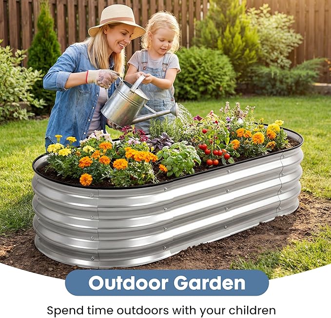 DUMOS 4x2x1ft Galvanized Raised Garden Bed Outdoor Planter Box with Open Bottom Design Metal Large Garden Bed for Vegetables Herbs &amp Flowers Rustproof for Backyard &amp Patio Silver